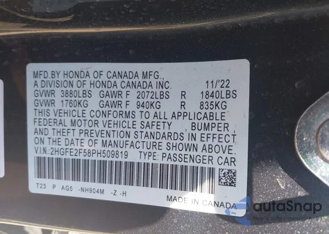 2023 Honda Civic Sport z USA, uszkodzony, nr VIN 2HGFE2F58PH509819